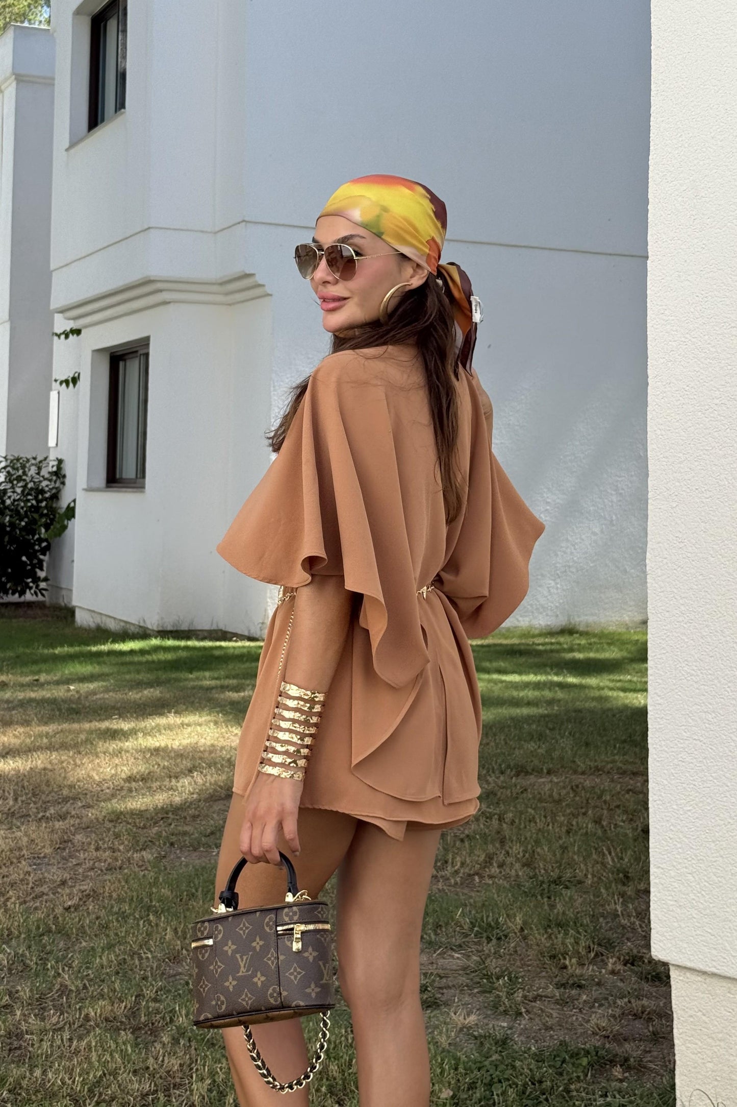 Jadira Kahve Üçlü Şort Etekli Tasarım Takım