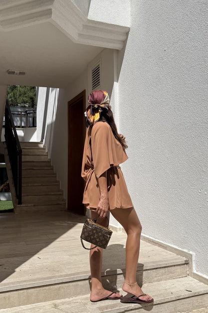 Jadira Kahve Üçlü Şort Etekli Tasarım Takım