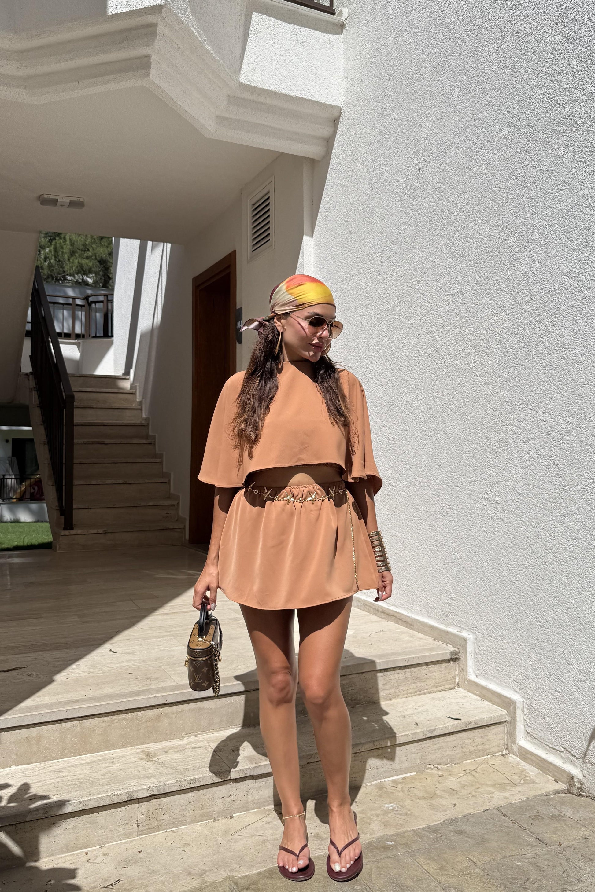 Jadira Kahve Üçlü Şort Etekli Tasarım Takım