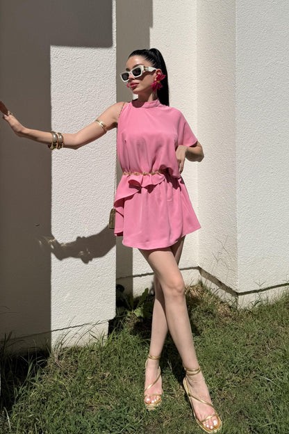 Jadira Pembe Üçlü Şort Etekli Tasarım Takım