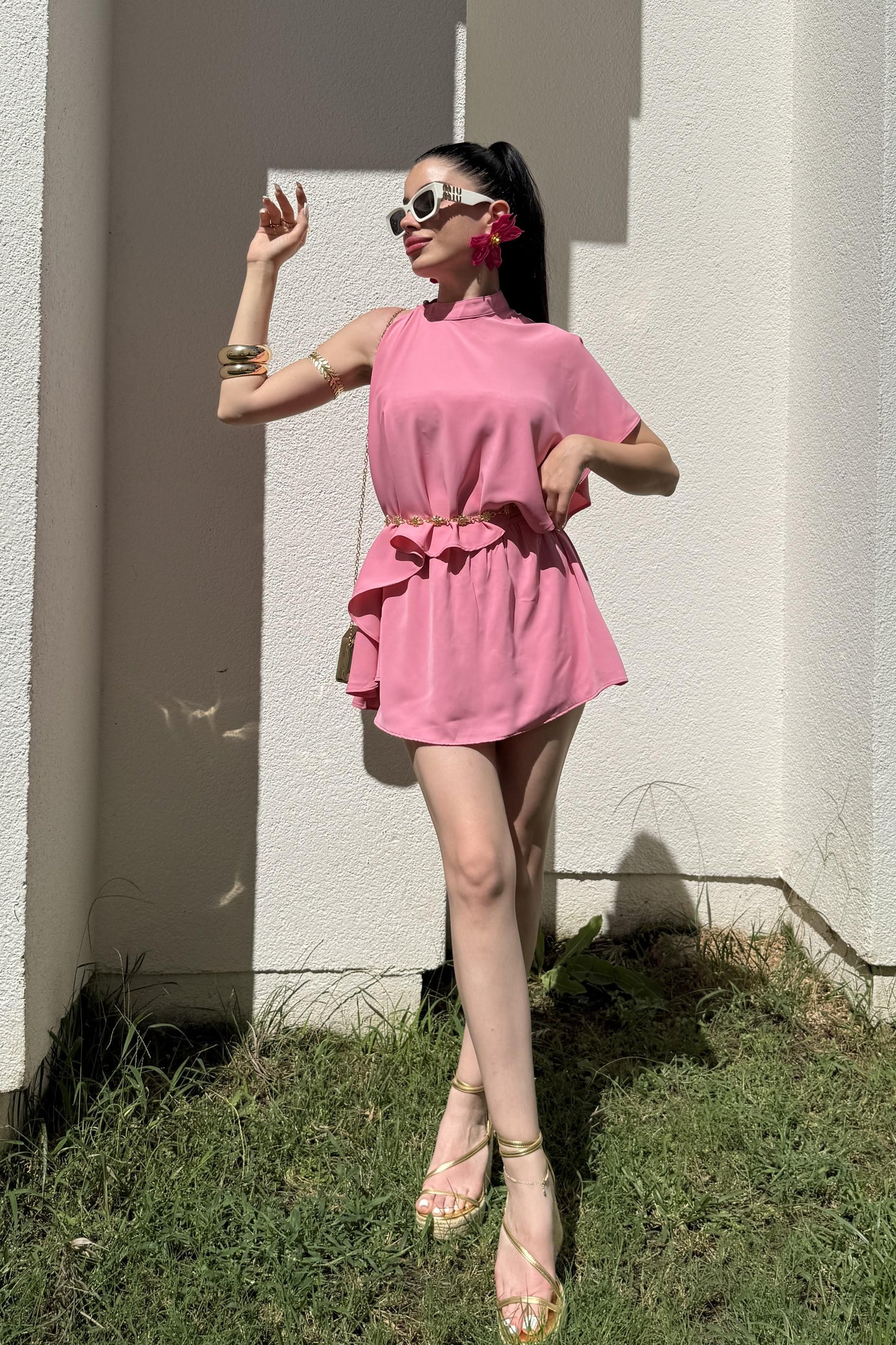 Jadira Pembe Üçlü Şort Etekli Tasarım Takım