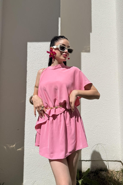 Jadira Pembe Üçlü Şort Etekli Tasarım Takım