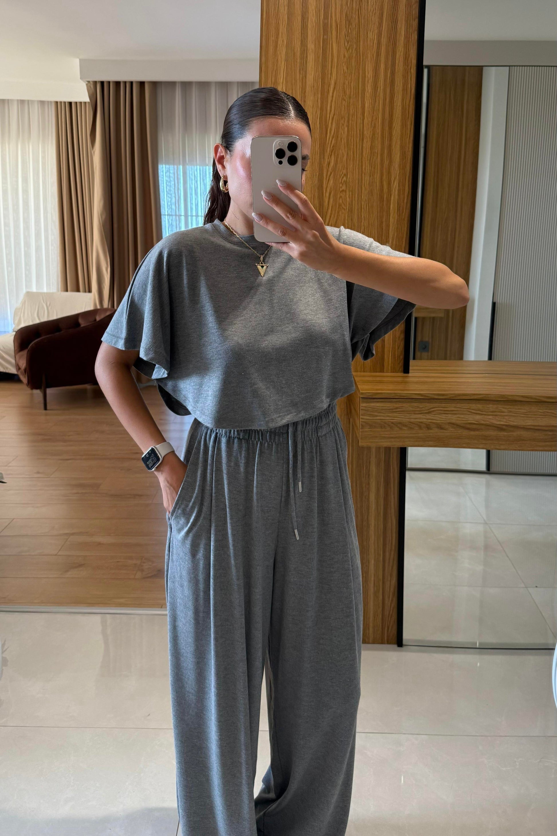 Jadon Gri Panço Tshirt-Pantolon Spor Takım