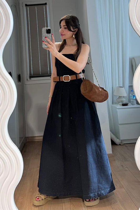 Jalissa Dark Denim Straplez Kemerli Elbise