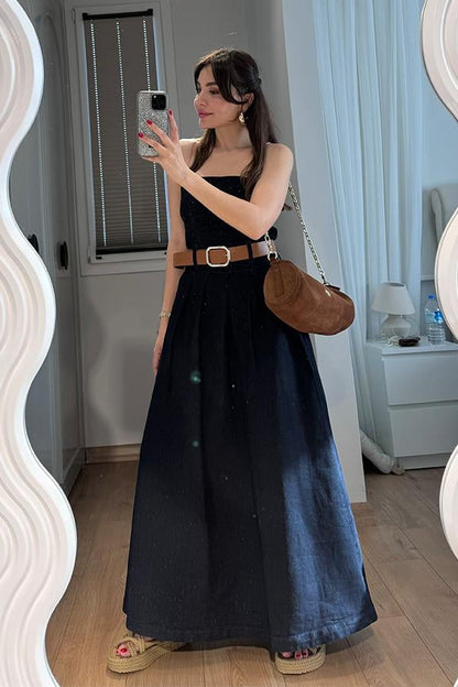 Jalissa Dark Denim Straplez Kemerli Elbise