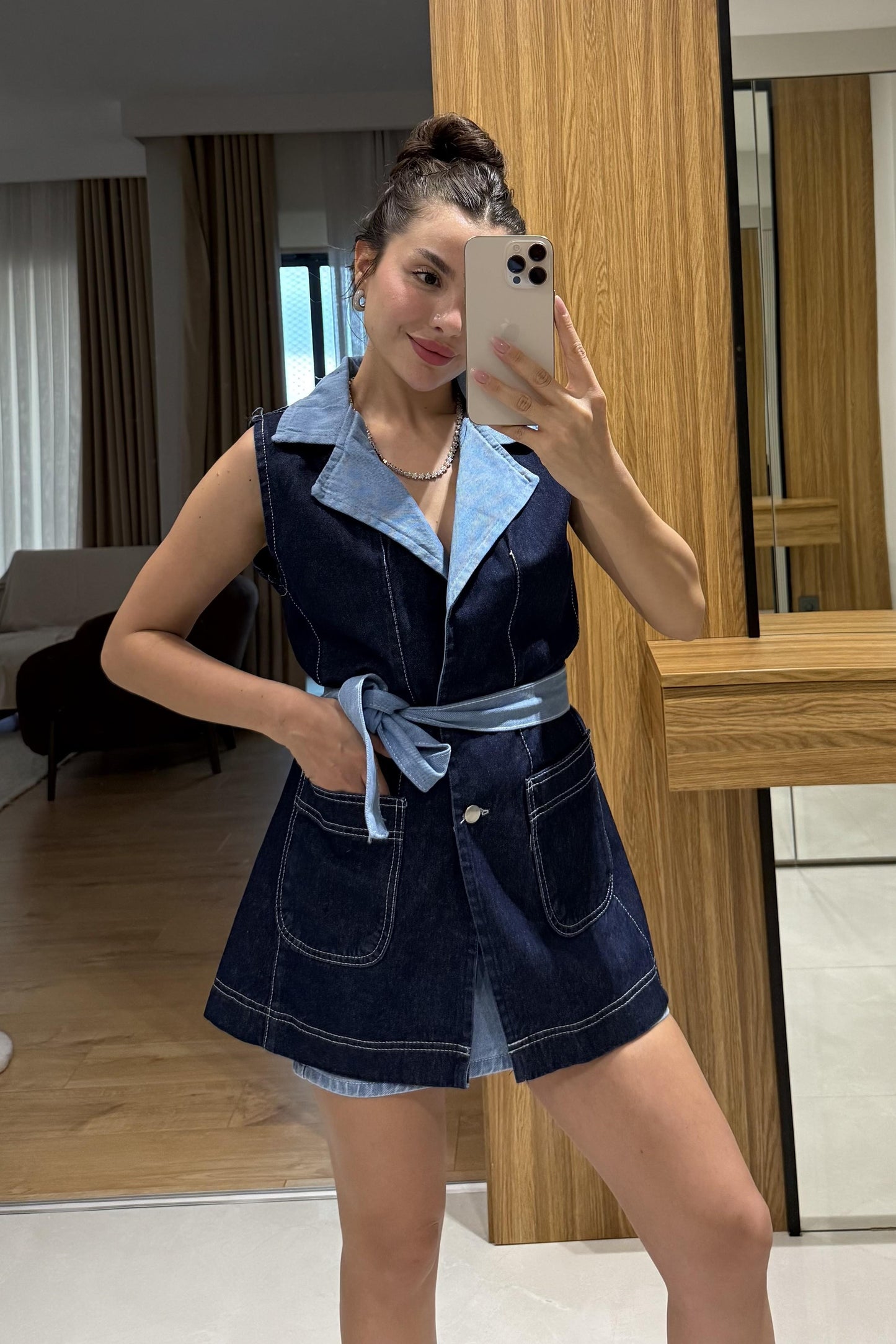 James Mini Etekli Denim Yelek Takım