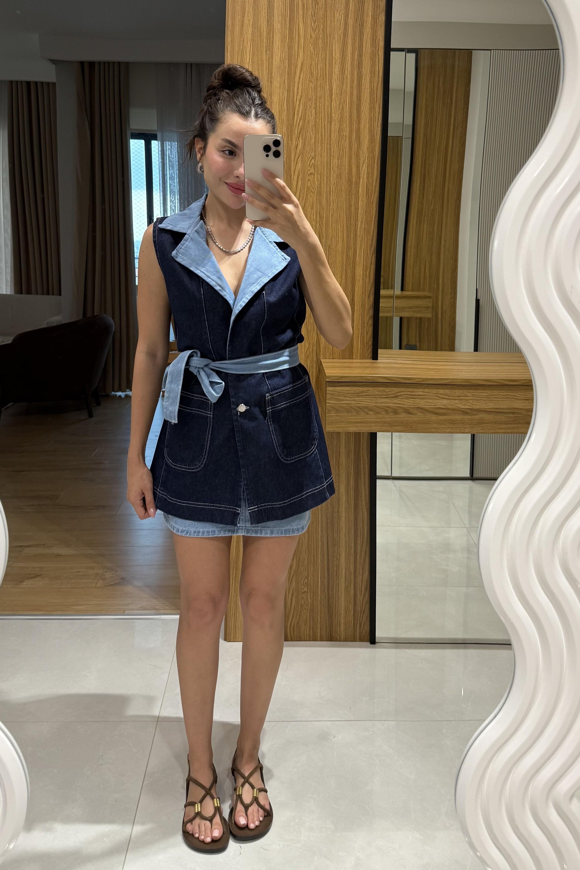 James Mini Etekli Denim Yelek Takım