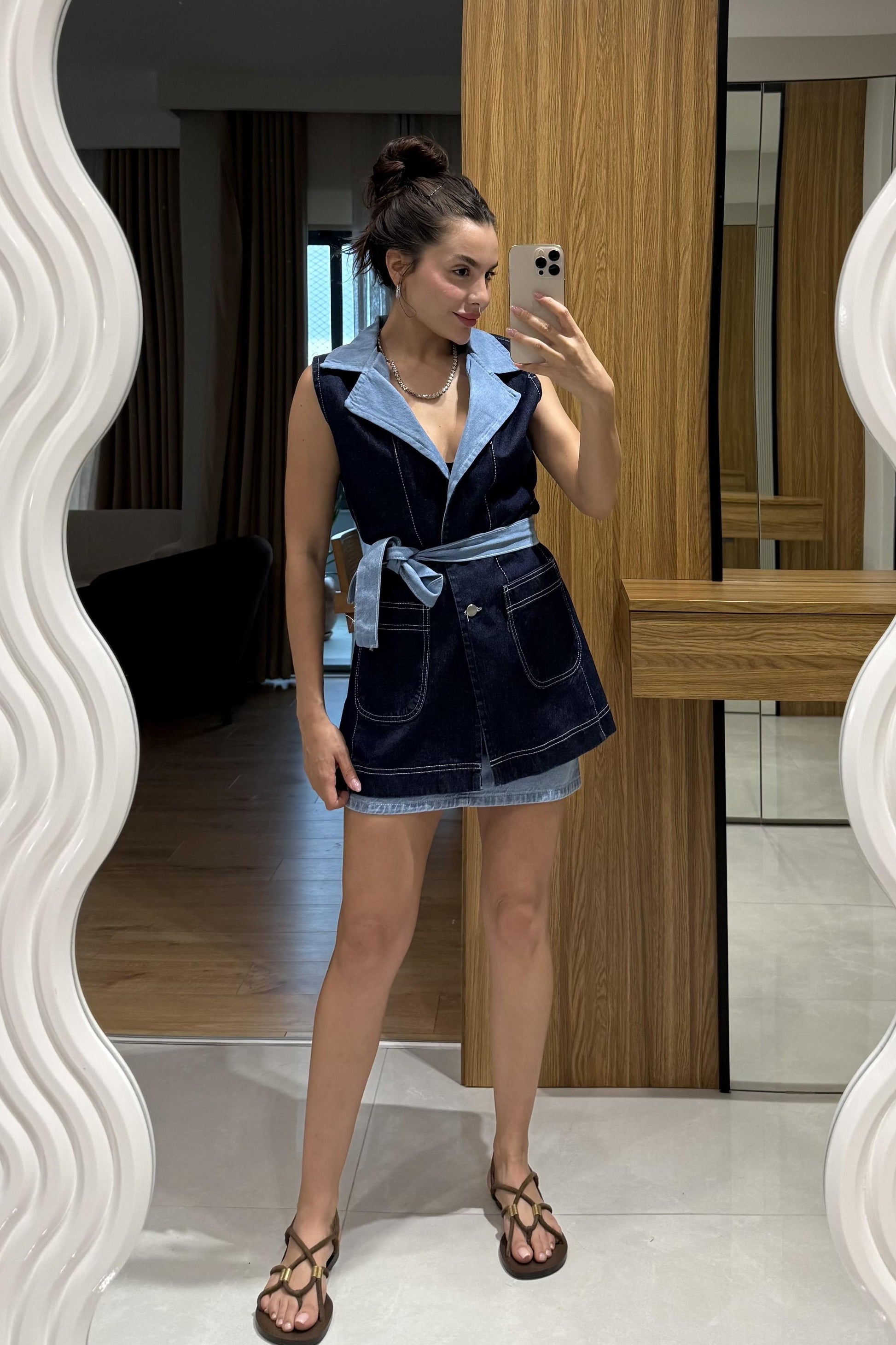 James Mini Etekli Denim Yelek Takım