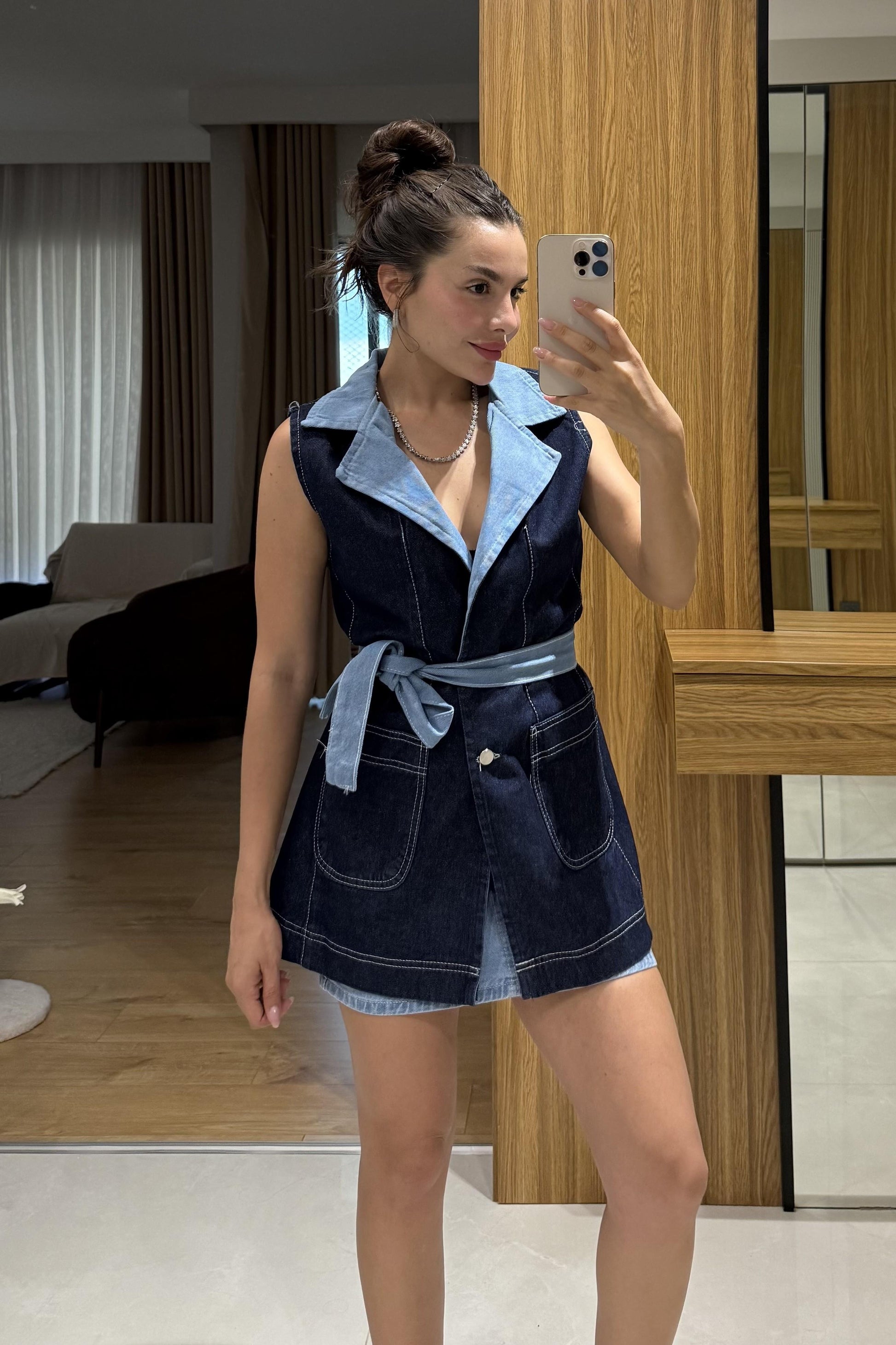 James Mini Etekli Denim Yelek Takım