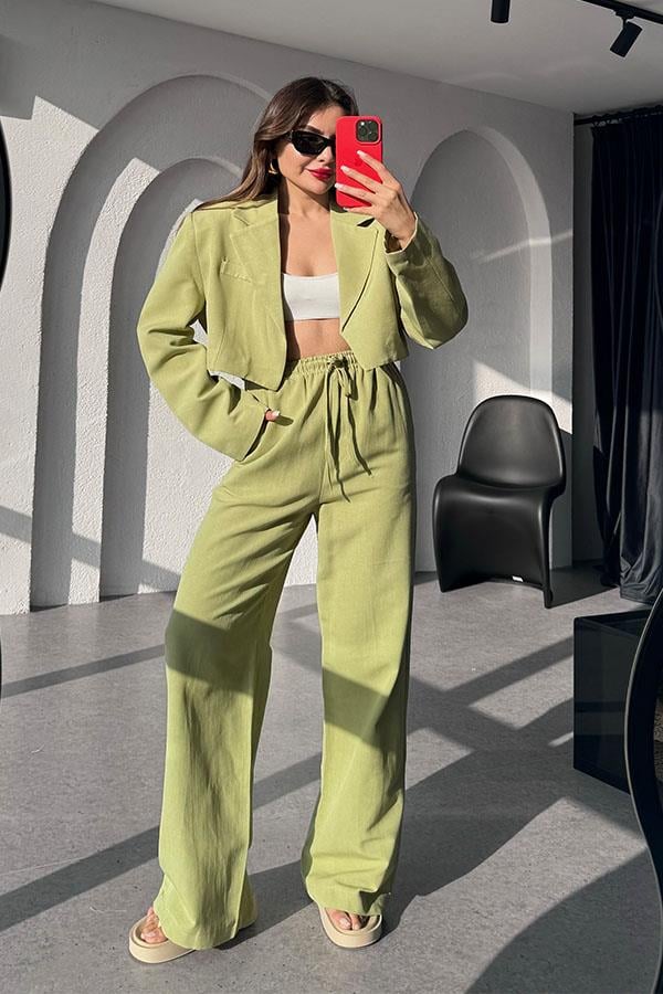 Janis Premium Keten Crop Blazer Ceket - Yağ Yeşil