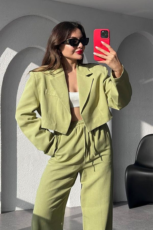 Janis Premium Keten Crop Blazer Ceket - Yağ Yeşil