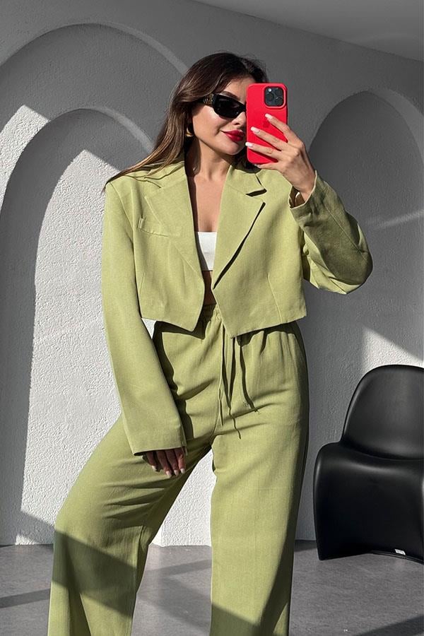 Janis Premium Keten Crop Blazer Ceket - Yağ Yeşil