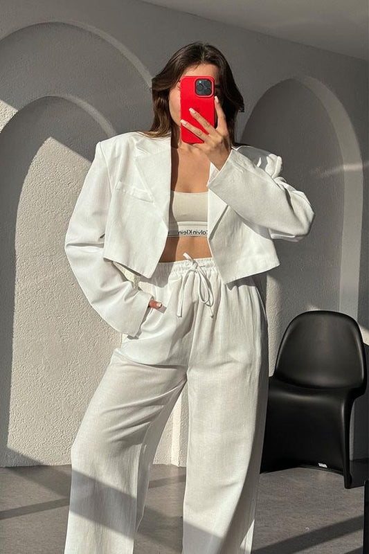 Janis Premium Keten Crop Blazer Ceket -Beyaz