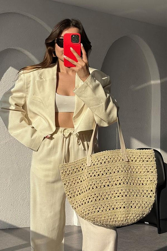 Janis Premium Keten Crop Blazer Ceket -Ekru