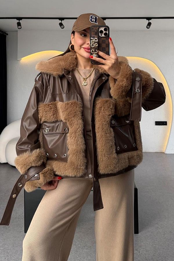 Janus Kahve Kürklü Deri Ceket