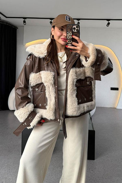 Janus Krem Kürklü Deri Ceket