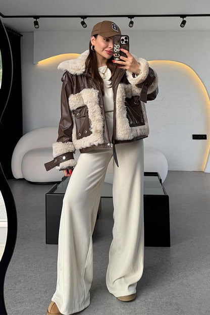 Janus Krem Kürklü Deri Ceket