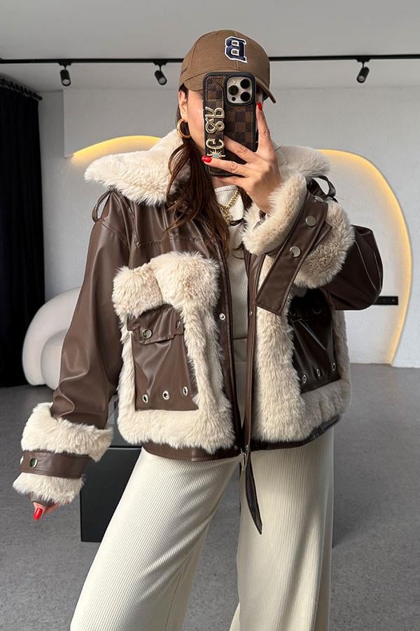 Janus Krem Kürklü Deri Ceket