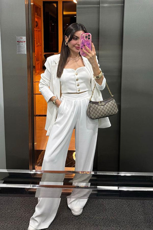 Jayla Gold Düğmeli Beyaz Üçlü Takım