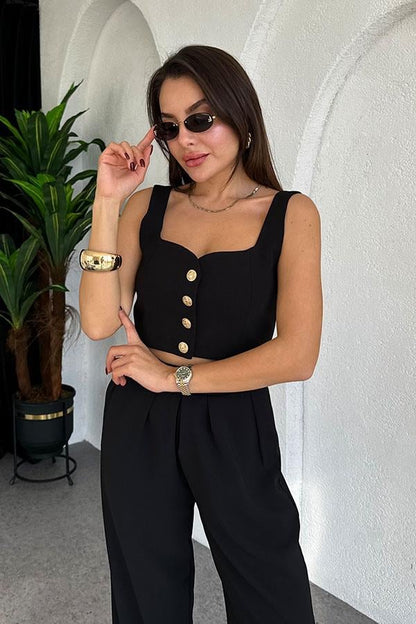 Jayla Gold Düğmeli Siyah Üçlü Takım