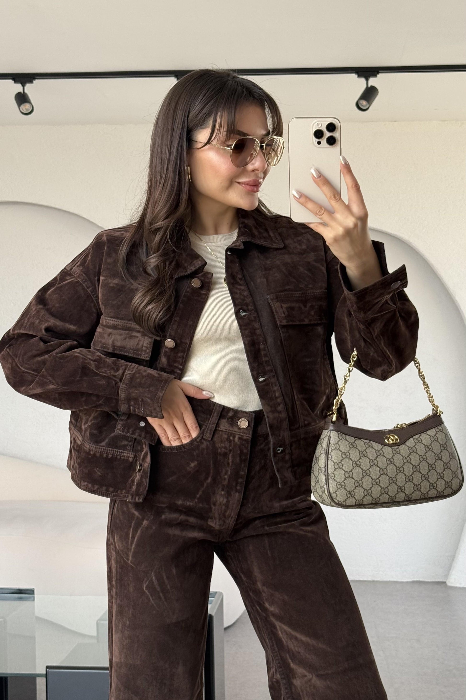 Jennifer Acı Kahve Cep Detaylı Denim Floklu Ceket