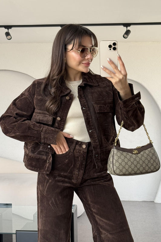 Jennifer Acı Kahve Cep Detaylı Denim Floklu Ceket