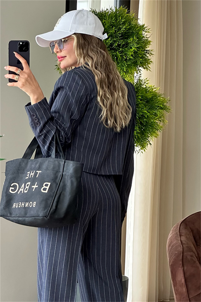 Jessie çizgili mini blazer ceketli takım -Lacivert
