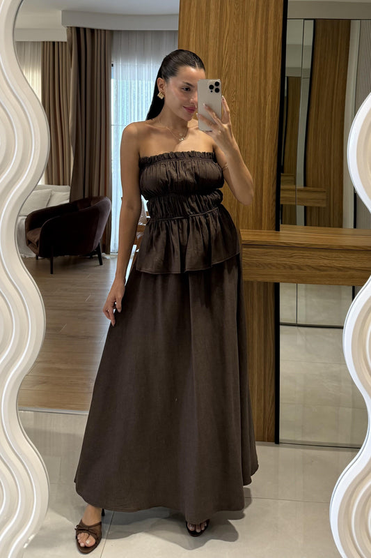 Jiggle Acı Kahve Straplez Bluz Etek Takım
