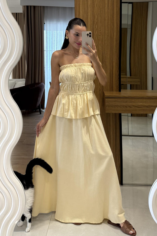 Jiggle Sarı Straplez Bluz Etek Takım