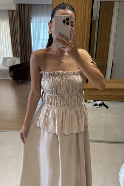 Jiggle Sütlü Kahve Straplez Bluz Etek Takım