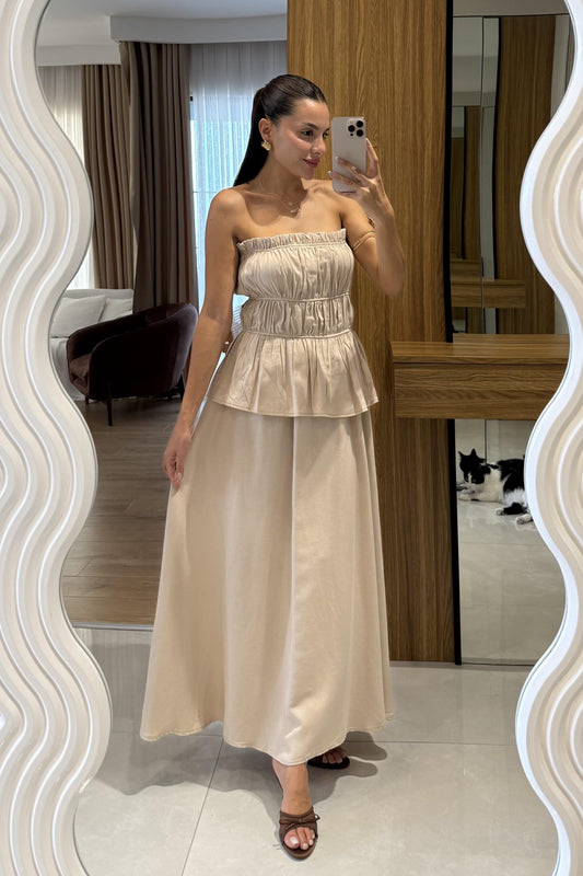 Jiggle Sütlü Kahve Straplez Bluz Etek Takım