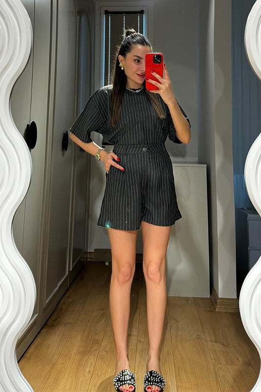 Jimena Çizgili Şortlu Takım - Koyu Gri