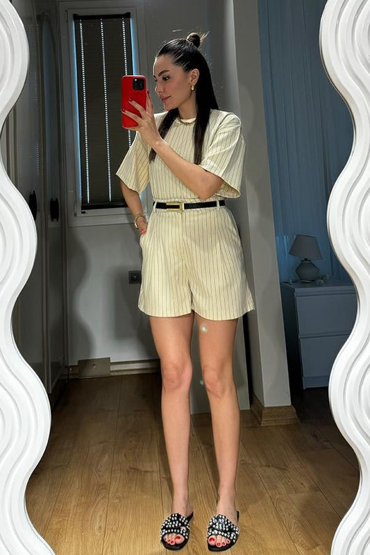 Jimena Çizgili Şortlu Takım- Krem