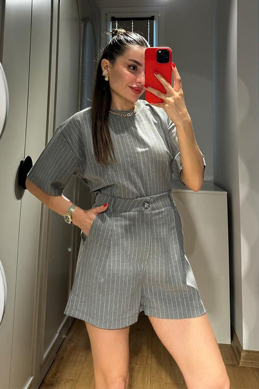 Jimena Çizgili Şortlu Takım - Orta Gri