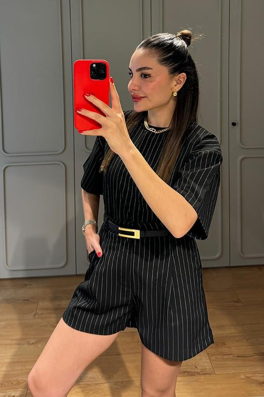 Jimena Çizgili Şortlu Takım- Siyah