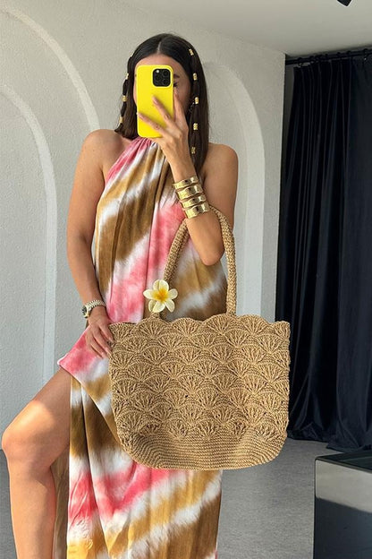Jinhai Batik Desen Büzgü Yaka Elbise-Pembe