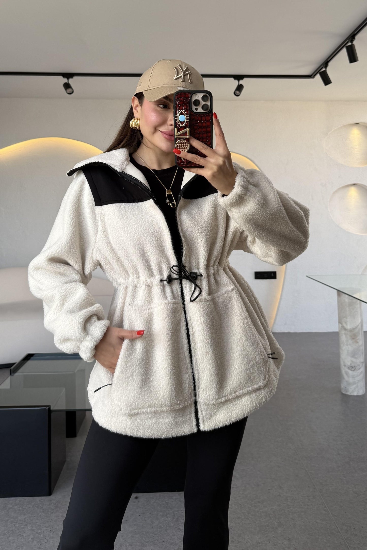 Jonas Krem Beli Lastikli Teddy Ceket