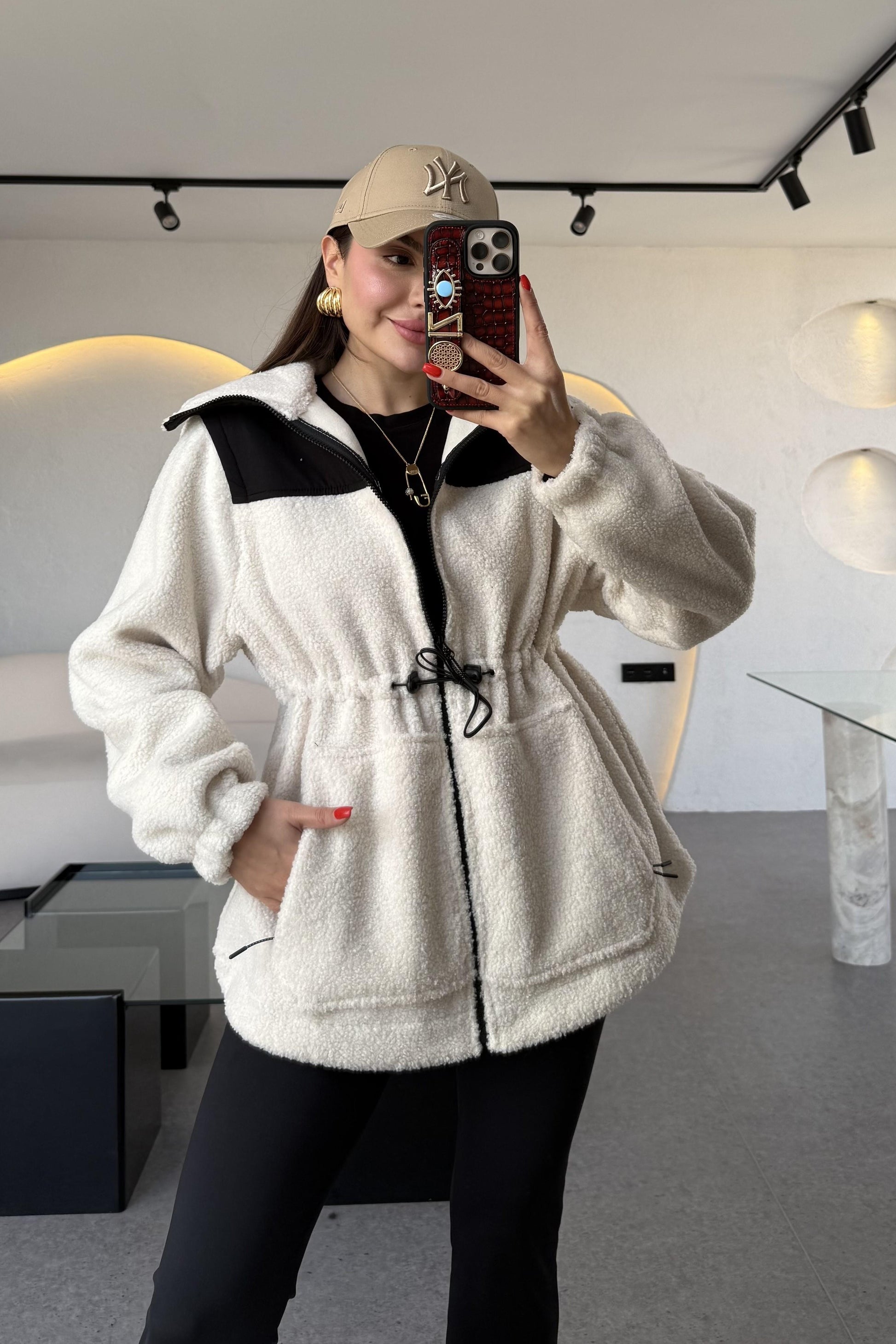 Jonas Krem Beli Lastikli Teddy Ceket