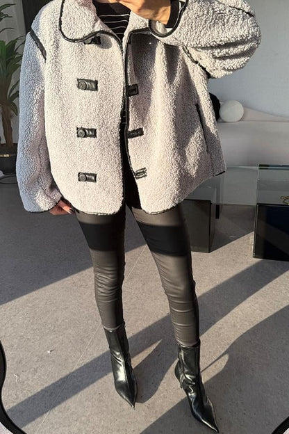 Jovia Gri Peluş Deri Detaylı Ceket