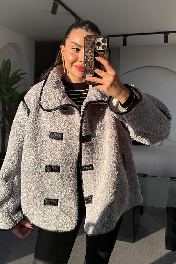 Jovia Gri Peluş Deri Detaylı Ceket