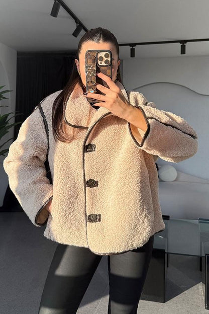 Jovia Krem Peluş Deri Detaylı Ceket