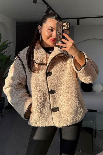 Jovia Krem Peluş Deri Detaylı Ceket
