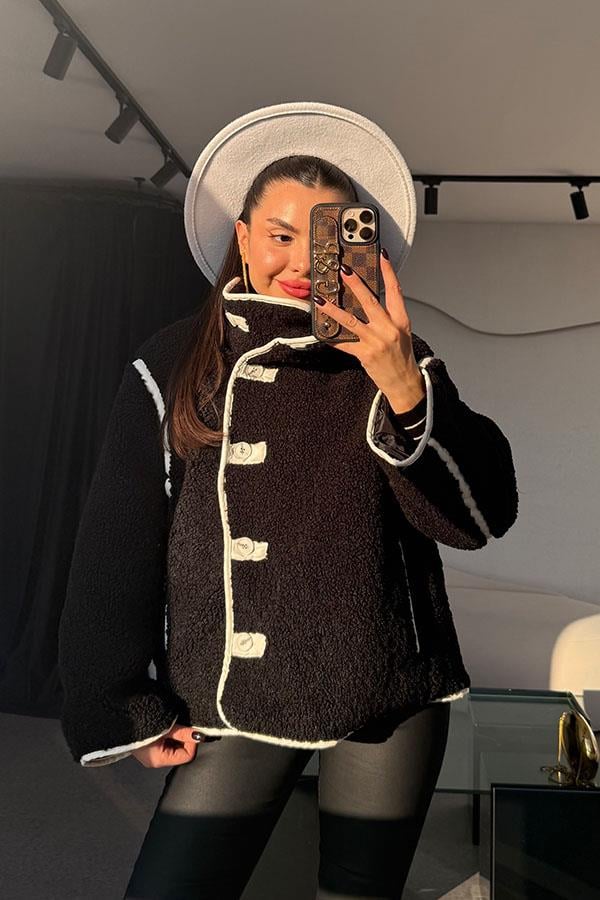 Jovia Siyah Peluş Deri Detaylı Ceket