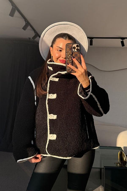 Jovia Siyah Peluş Deri Detaylı Ceket