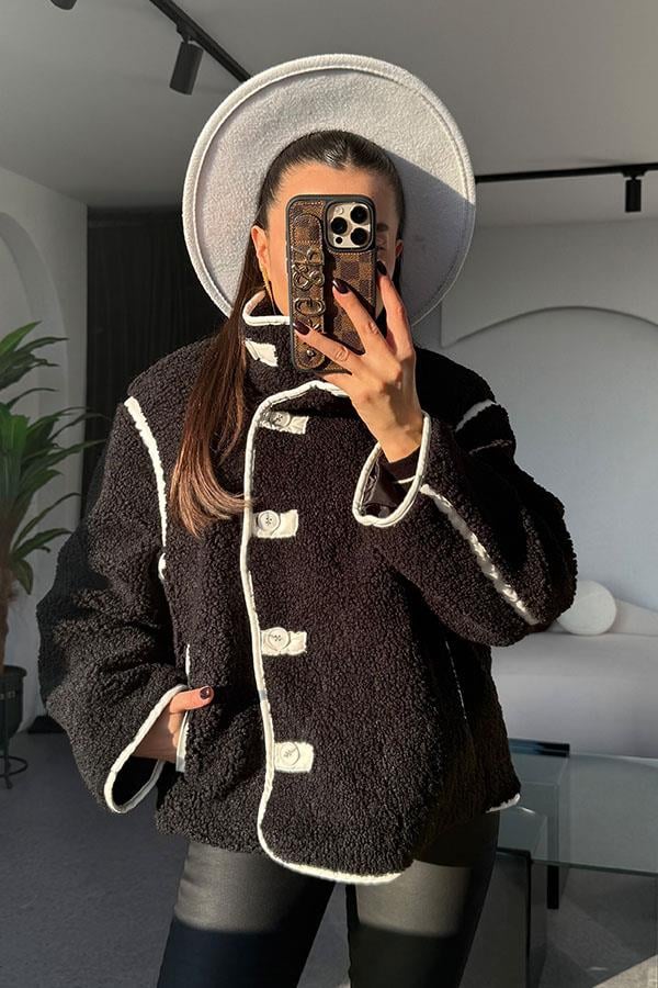 Jovia Siyah Peluş Deri Detaylı Ceket