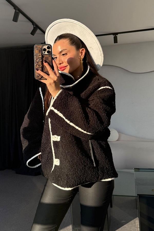 Jovia Siyah Peluş Deri Detaylı Ceket