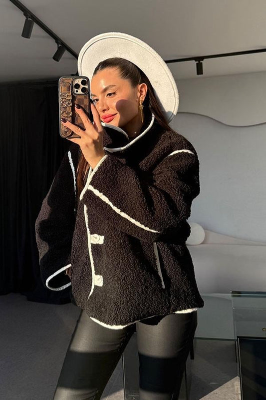 Jovia Siyah Peluş Deri Detaylı Ceket