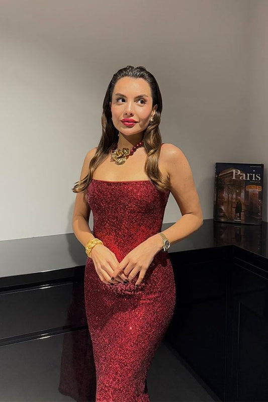 Julieta İnce Askılı Payetli Bordo Elbise