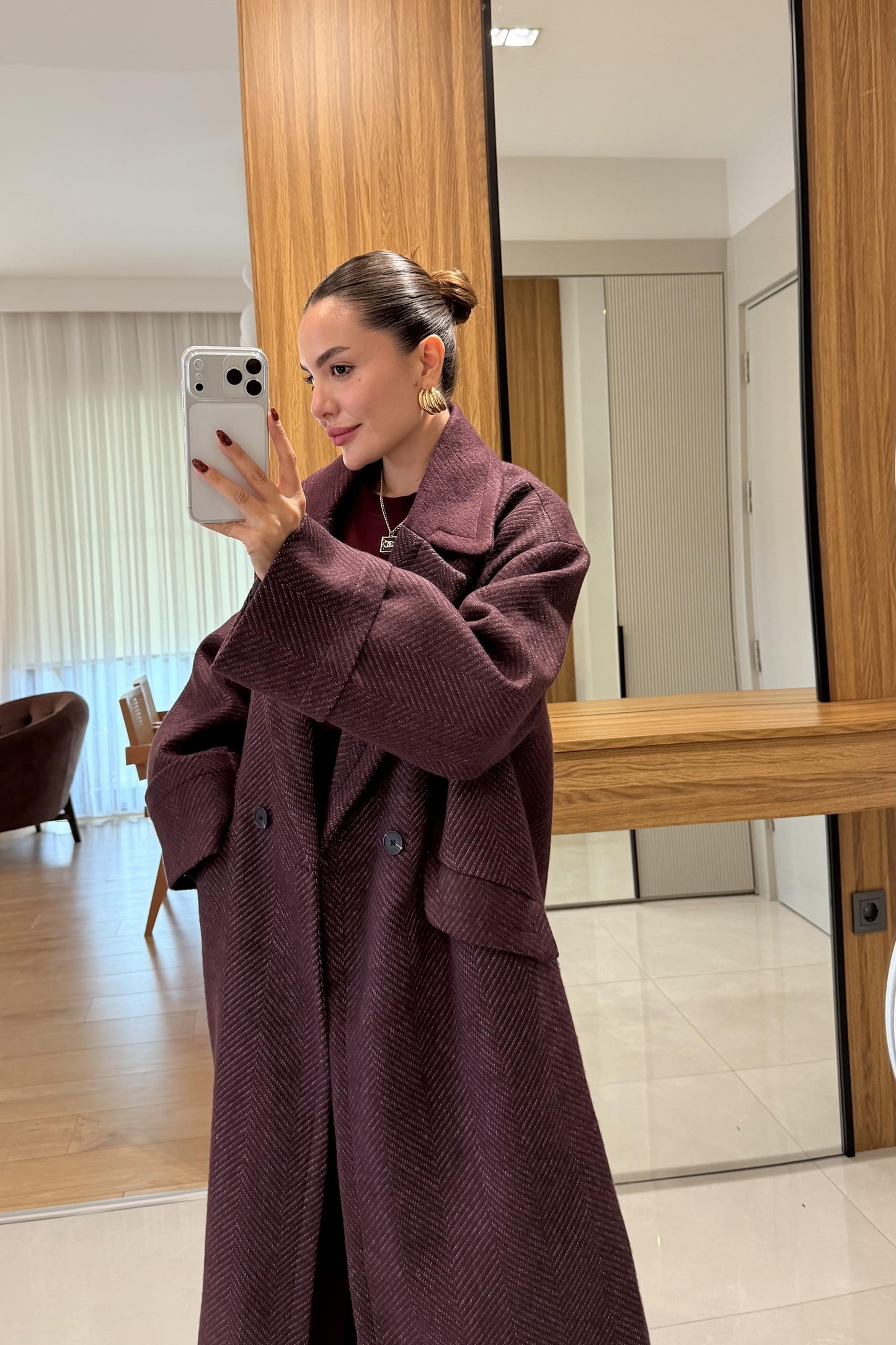 Julietta Bordo Balıksırtı Premium Kaban