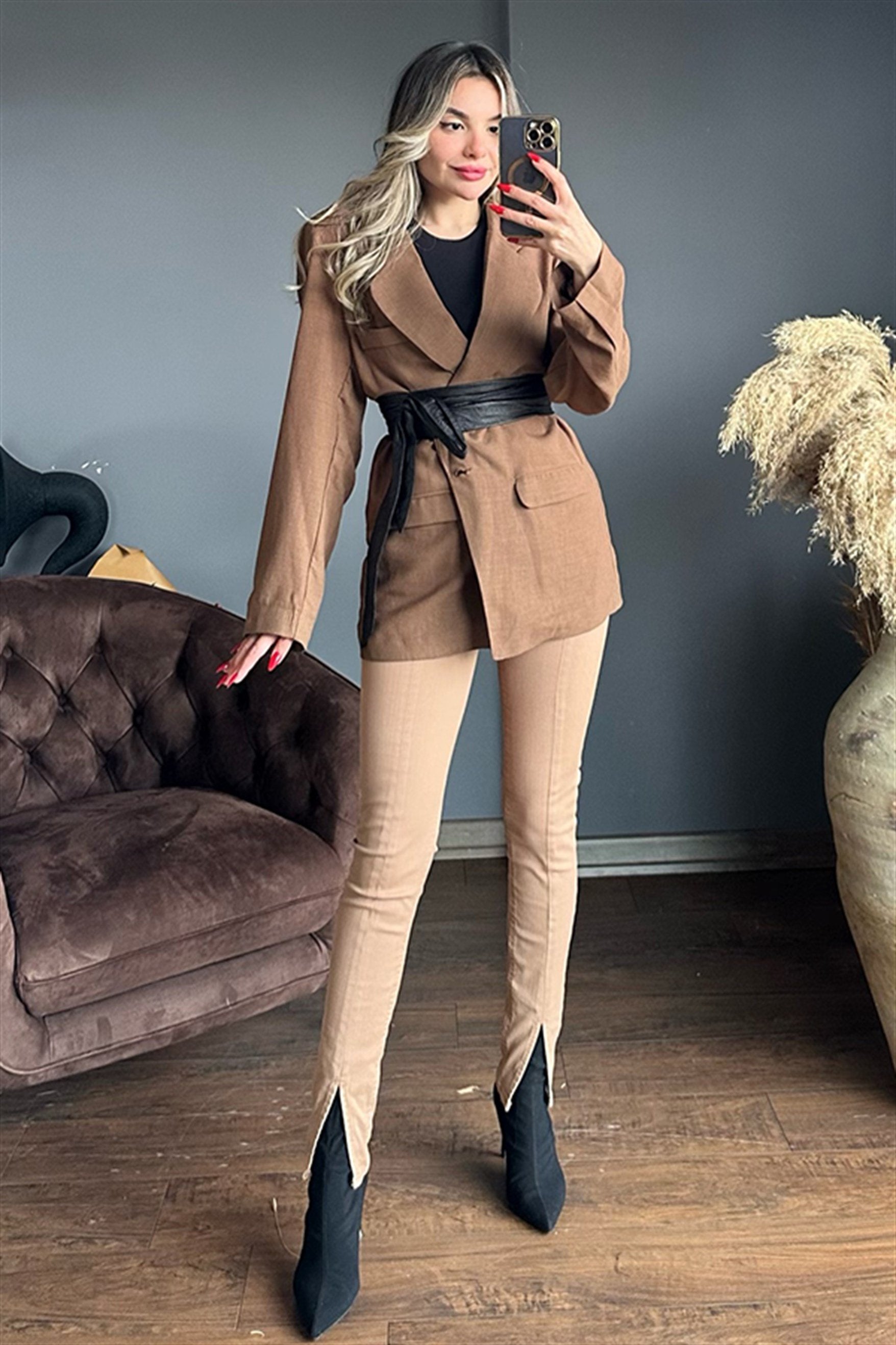 Kahve cep detaylı blazer ceket